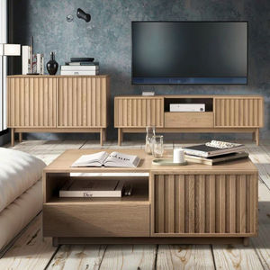 <span class=keywords><strong>Table</strong></span> basse cannelée en bois de panneau de particules moderne directe d'usine avec le tiroir et les jambes en bois pour le salon - Product Image 1