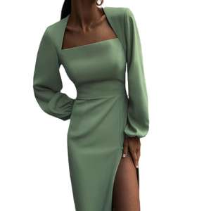 Robe de soirée personnalisée de remise en forme slim manches bouffantes col carré manches longues fente haute robe longue ajustée pour les femmes - Product Image 4