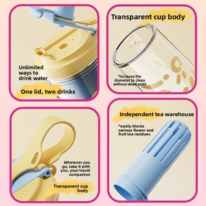 Vaso de PC de doble compartimento de gran capacidad con separación de té y pajita, para bebidas frías, jugos de frutas y agua, ideal para primavera/verano, con diseño atractivo y para oficina. - Product Image 3