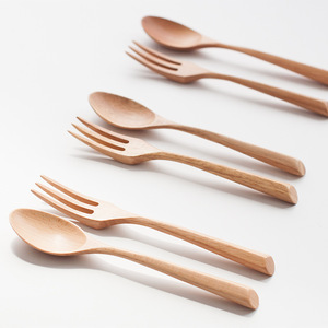 Japanese Style Wooden Spoon And Fork Set Solid Color Eco Friendly <b>Dessert</b> Fruit Coffee Utensils - Product Image 4