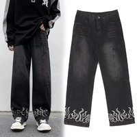 Vêtements de rue Fire Hem Broderie Baggy Jeans Hommes Hip Hop Denim Pantalon Haute Qualité Oem Service Personnalisé Qualité Broderie Personnalisée
