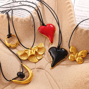 Retro Heart Butterfly Pendant Necklace Zinc Alloy Black <b>Rope</b> Unisex Sweater <b>Chain</b> 10cm Extended - Product Image 1