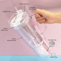 Gobelet isotherme transparent en plastique pour adultes avec couvercle plat, double paroi, paille intégrée, anti-fuite et réutilisable pour la salle de sport