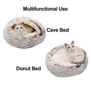 Indoor-Haustierhaus aus massivem Faserstoff, abnehmbares, waschbares Haustier-Donut-Plüschkissen, rundes Hunde- und Katzenhöhlenbett mit Kapuzenabdeckung - Product Image 5