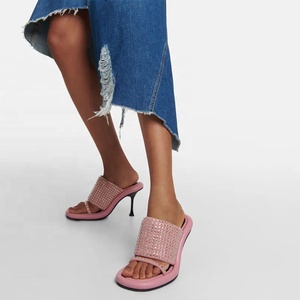 Sandalias de tacón fino con diamantes de imitación y punta cuadrada abierta para mujer, estilo mule sin cordones para verano, con correa para exteriores - Product Image 3