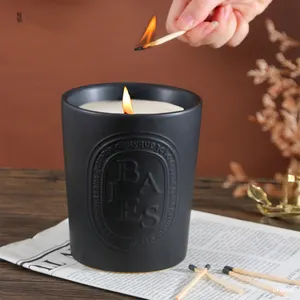 Matte Ceramic Candle Jar Custom Wholesale Matte Candle Vessels Embossed Empty Candle Container Black Ceramic Candle Jar With Wooden Lids