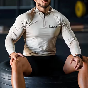 Camisas de media cremallera para hombre, atuendo deportivo ajustado, peso ligero, estampado de logotipo, cuatro vías, estiramiento, playa, manga larga, Top de entrenamiento - Product Image 5