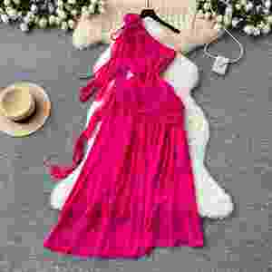 Vestido Midi Plisado Transpirable de Verano con Hombro Descubierto Asimétrico y Encaje 3D para Mujer - Product Image 1