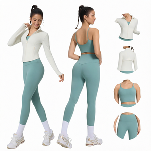 Women Premium Two Piece Yoga Set White Zip Jacket Zippers Teal Sports Bra High Waist <b>Leggings</b> Professional Activewear Print - Product Image 1