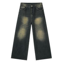 Jeans en denim pour hommes 100% coton, coupe bootcut, style streetwear vintage, jambe large droite, avec logo personnalisé et finition Monkey Wash, fabrication