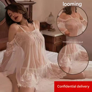 Women's Temptation Hot <b>See</b>-<b>Through</b> Nightgown <b>Sexy</b> Suspender Pajamas Lace Light Control Level Washed Techniques 100% Nylon - Product Image 5