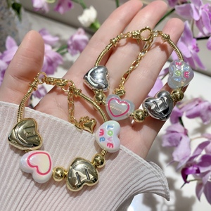 Bracelet Cœur d'<span class=keywords><strong>Amour</strong></span> <span class=keywords><strong>BD</strong></span>-B9565, Chaîne Serpent Réglable, Plaqué Or 18 carats, Nouveautés avec <span class=keywords><strong>Perles</strong></span> en Émail et Acrylique - Product Image 2