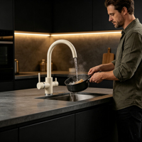 Robinet de cuisine moderne 3-en-1 en laiton, mitigeur monocommande rotatif eau chaude/froide, avec purificateur d'eau potable en céramique intégré