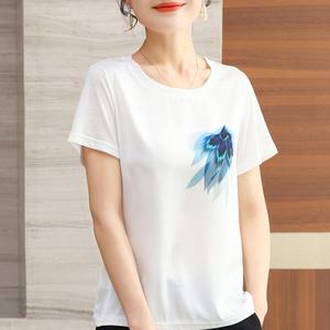 Camiseta de Verano para Mujer, Informal, con Estampado de Patchwork, Logotipo de Satén, Tops de Moda, Camisetas de Poliéster/Rayón, Corte Regular, Manga Corta - Product Image 2