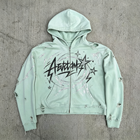 Sweat-shirt à capuche zippé épais vert menthe délavé à l'acide avec imprimé graffiti vieilli, style streetwear pour homme