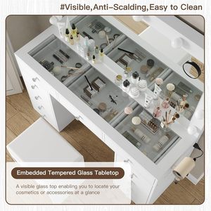 Ensemble de <span class=keywords><strong>coiffeuse</strong></span> blanche avec miroir à <span class=keywords><strong>LED</strong></span>, 11 tiroirs et tabouret, pour chambre de filles - Product Image 6