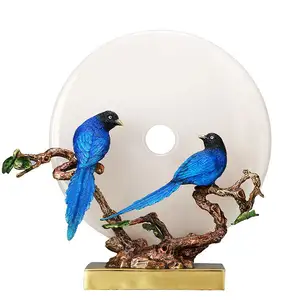 Chinese Expensive Home Luxury Decor Advanced Beauty White Jade Copper Brass Birds Sculpture