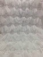 Tissu en dentelle 100% polyester 3D, à sequins, à volants, en tulle superposé, brodé de perles, maille moelleuse, pour robe de mariée à étages