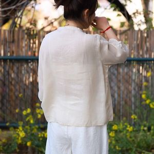 Traditional Chinese Women's Blue Embroidered Linen Top With Chinese Buttons Summer T-Shirt - Product Image 4