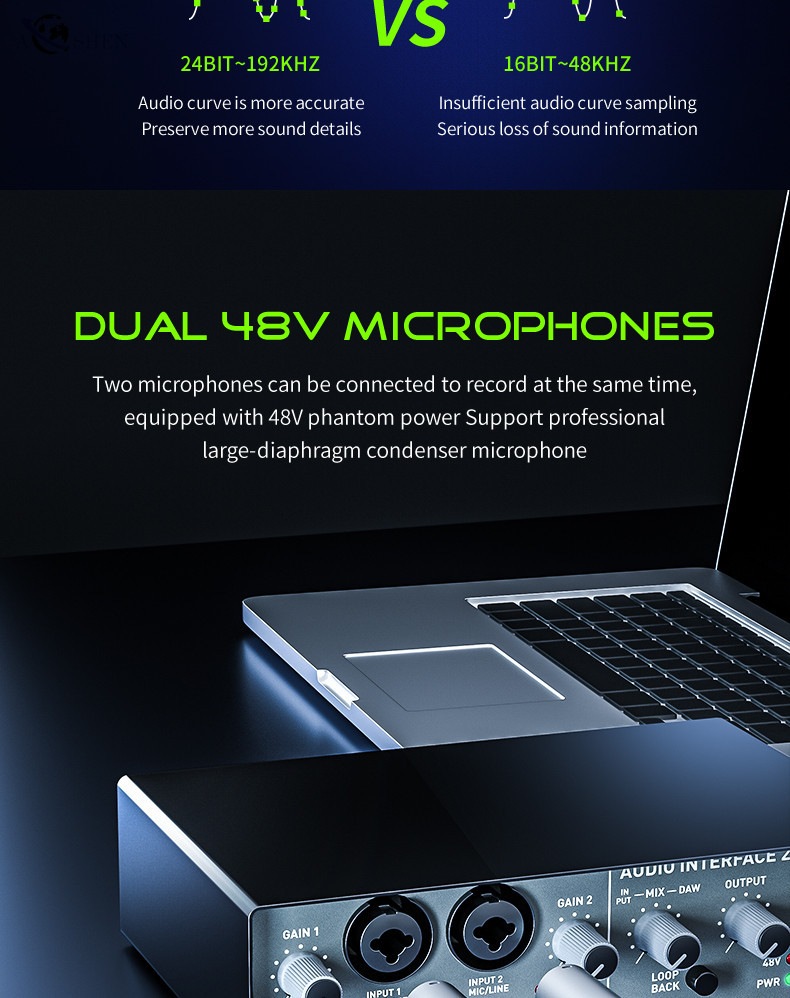 Professional Q24 USB Audio Interface Sound Card Mixing Computer Recording Box for Livestream Broadcast Musical Performance