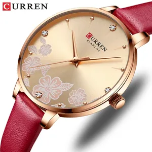 CURREN 9068นาฬิกาควอตซ์หญิงสีแดงสวยจีนสายหนัง PU พิเศษกันน้ำง่ายผู้ผลิตนาฬิกาสบายๆ
