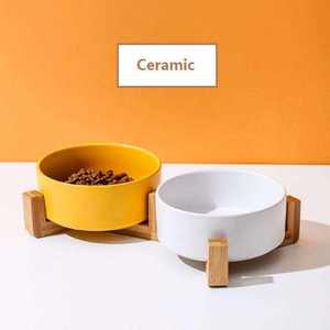 Qbellpet tigelas de cerâmica para animais de estimação, tigelas antiderrapantes personalizadas para cães e gatos, com suporte de madeira, sublimação lenta personalizada de fábrica, para alimentação inteligente de cães - Product Image 4