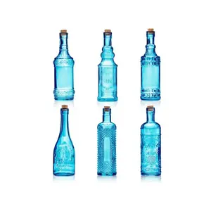 Factory direct sales Assorted Blue Glass Bottles with Corks, 6-Pack, 2.5" X 9", 16 oz