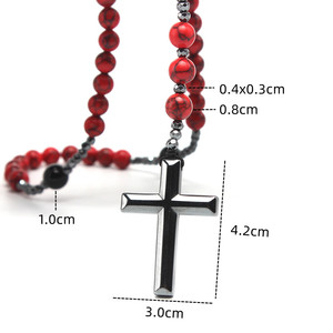 Collana da Uomo con Ciondolo a Croce in Pietra Naturale, Perle di Agata Nera e <span class=keywords><strong>Pietre</strong></span> di Pino Rosso da 8mm - Product Image 3