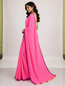Sari de Algodón Rosa Mul con Tejido a Rayas, Sari Étnico Tradicional de Alta Calidad para Mujer, Tela de Algodón Suave para Oficina o Uso Casual - Product Image 3