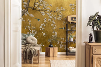 Wallpaper Latar Belakang Emas Antik Dapat Disesuaikan Pola Magnolia & Burung Putih Dekorasi Dinding untuk Ruang Tamu Ruang Belajar Rumah Teh Tahan Lama