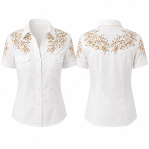 Western <b>Tops</b> For Women Floral Embroidered Short Sleeve <b>Cowgirl</b> Shirt Dual Pocket Rodeo Ranch Blouse Custom Embroidered Logo - Product Image 2