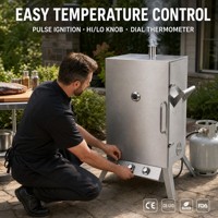 Ahumador de Gas de Doble Quemador de Acero Inoxidable con 4 Niveles, Protección Contra Llamas, Termómetro, Barbacoa Vertical para Exteriores