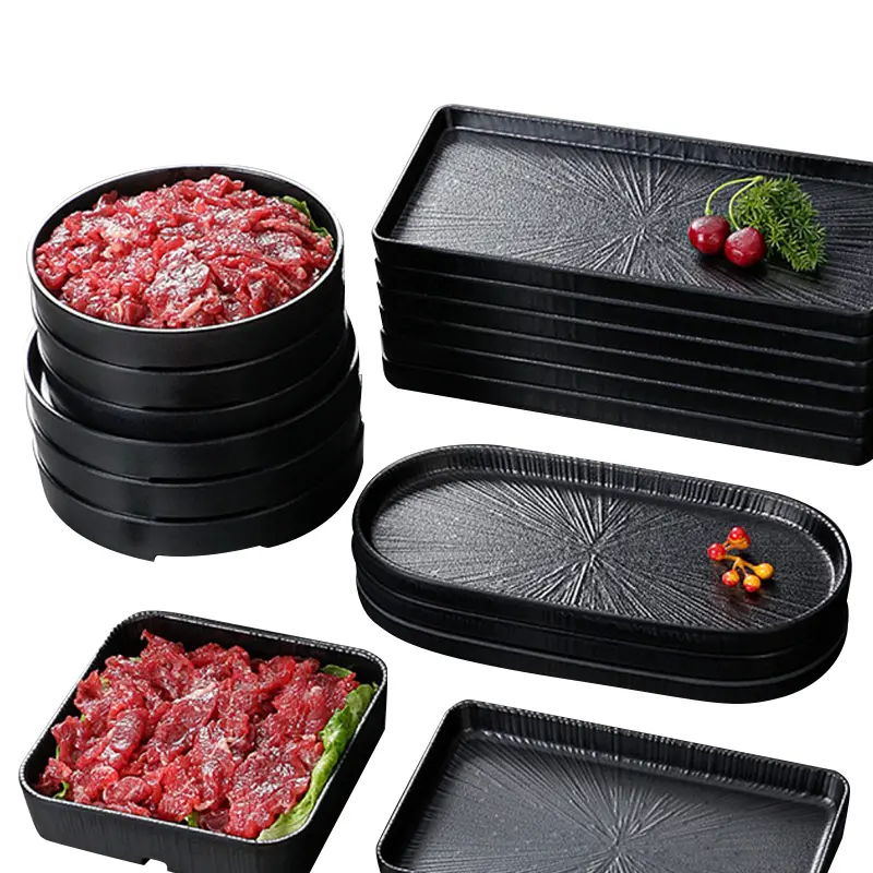 Placa de melamina A5 de qualidade alimentar para churrasco, assadeira, prato de carne, prato de sushi em melamina preta