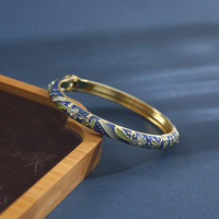 Gelang Berengsel Enamel Motif Bunga Gaya Cloisonne, Gelang Berpola Bunga Lukis Vintage Berlapis Emas, Perhiasan Fashion Elegan