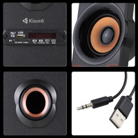 Altavoces estéreo Kisonli C80 de 2.1 canales y 5W con soporte para tarjeta de memoria, pantalla LCD, control remoto, conexión por cable y carcasa de plástico.