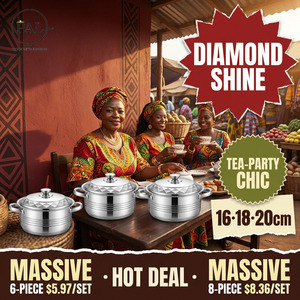 Conjunto de Panelas de Aço Inoxidável com Padrão Diamante, 6 ou 8 Peças, Panela com Tampa, Compatível com Indução, Atacado para Cozinha Doméstica - Product Image 1