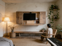 Bureau électrique mural style industriel en contreplaqué, réglable en hauteur, gain de place pour loft, studio et bureau à domicile OEM