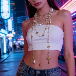 Collar de Perlas de Imitación de Aleación de Zinc Grado AA con Colgante de Llave, Cuentas Redondas Blancas, Cadena para Suéter para Mujer, Uso Diario - Product Image 3