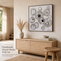 Peinture murale sur toile avec cadre en bois, style simple, fait main, moderne, carrée, avec incrustations de pierres naturelles blanches, pour la décoration de la maison