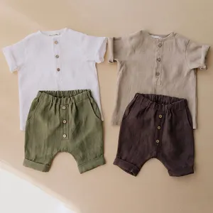 Summer cotton linen boys khaki grey suit solid toddler t shirt and shorts eco friendly baby clothing sets for boy
