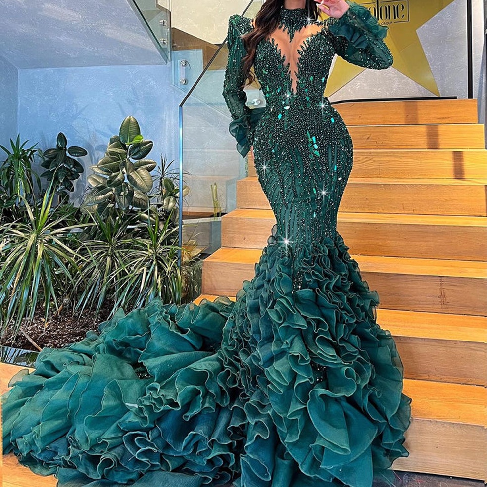 knee length dresses for ladies Green Satin Lace Mermaid Off Shoulder Prom Dresses, Evening Gowns, MP779 main image 1