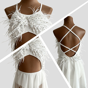 Adult Girls White Angel Performance Wear Stage Dress Rhinestone Crop <b>Top</b> Dance Costume <b>Flowy</b> Asymmetrical Skirt Lyrical Dress - Product Image 2