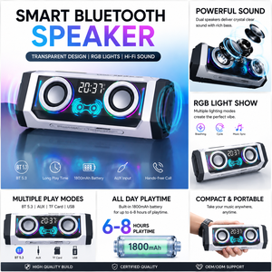 ลำโพงไร้สาย OEM รุ่น V18 เสียงคุณภาพสูง พกพาสะดวก ไฟ LED ซับวูฟเฟอร์คู่ ไฟ RGB ฟังก์ชั่นนาฬิกา เสียงหนักแน่น สำหรับใช้งานกลางแจ้ง เชื่อมต่อบลูทูธ - Product Image 1