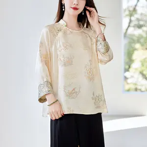 Primavera e outono 2024 nova blusa de seda chinesa de mangas compridas 100% seda verão casual jaqueta fina