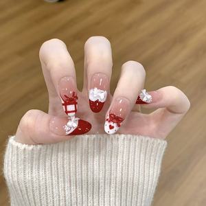 Ongles press-on blancs à lacets faits main de haute qualité, style français, détachables, pour l'automne, l'hiver, Noël et le Nouvel An - Product Image 2