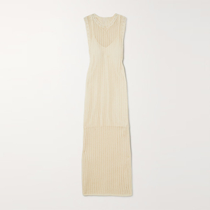 Abito lungo estivo in maglia all'uncinetto, vestibilità slim, senza maniche, abito casual da donna, abbigliamento femminile, spacco laterale, abito di tendenza estiva - Product Image 1