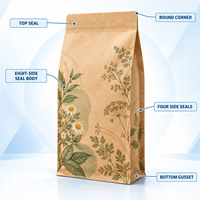 Sachet personnalisé en papier kraft sans fenêtre pour tisanes, scellé sur huit côtés, pour la vente au détail et en gros