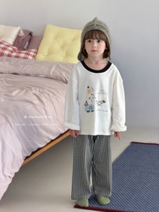 Ensemble de pyjamas en coton 100% à carreaux pour frères et sœurs, assorti garçon et fille, col en dentelle, boutonné, 2 pièces, automne-hiver, personnalisé, prêt à être expédié - Product Image 3