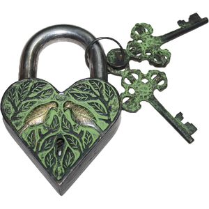 Parijat Handicraft Heart Padlock With 2 <b>Keys</b> Brass Love Birds Engraved Antique Style Door <b>Lock</b> Single Lever Mechanism - Product Image 2