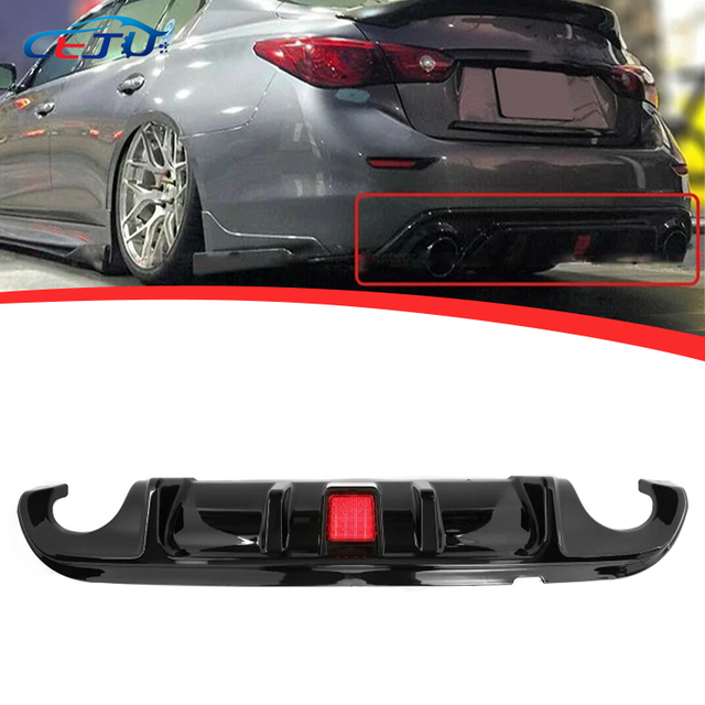 Rear Bumper Diffuser Lip Carbon Fiber Car Boot Guard Bracket Spoiler Plate Splitter W/ LED Light for Infiniti Q50 2014-2017